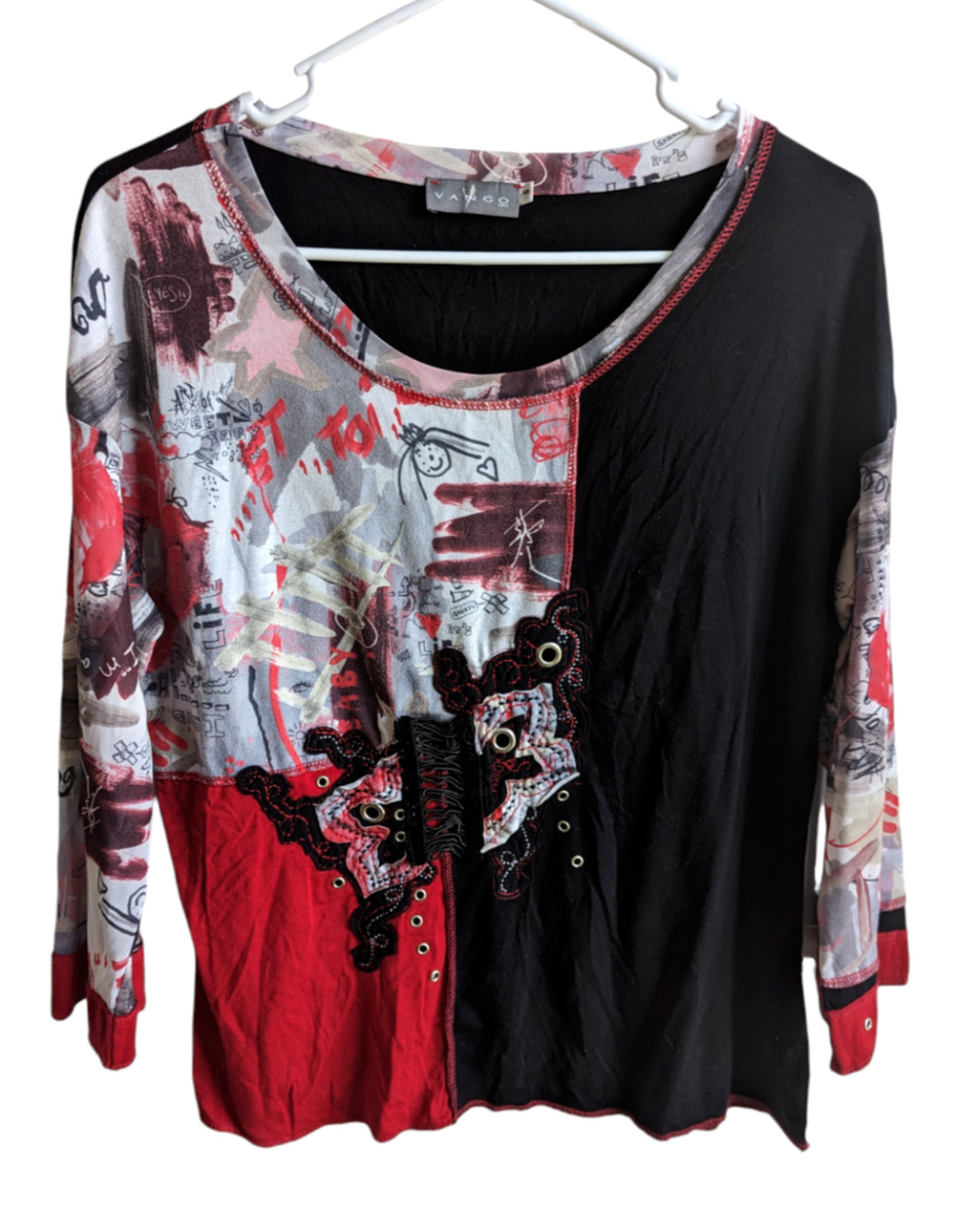 Vango Paris Womens Unique Black Red Graphic Art 3/4 Sleeve Top Y2k Grunge Size 5